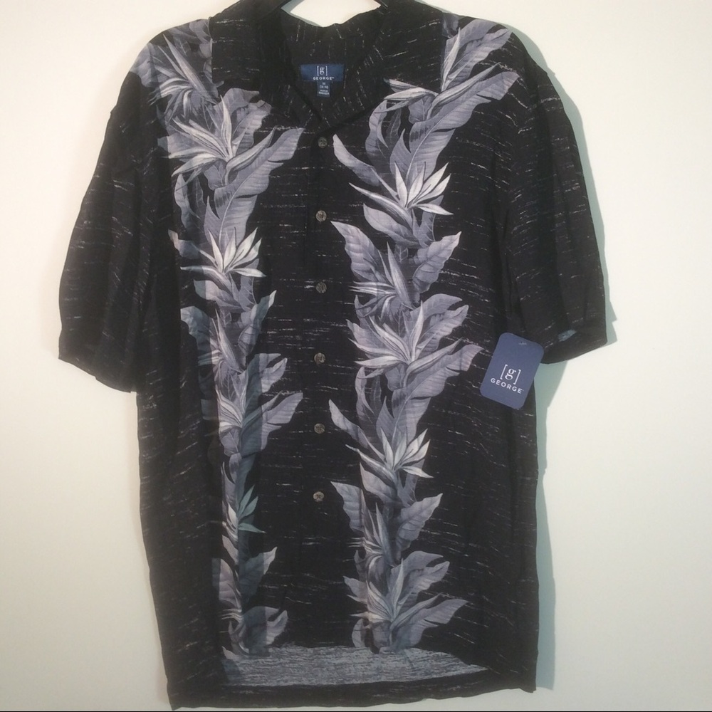 George Black Grey Floral Leaf Print Hawaiian Shirt Button Front Summer NWT